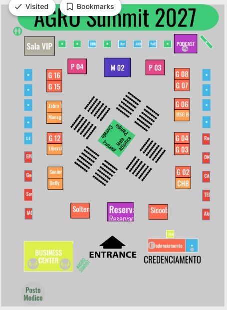 Visão geral da planta do Agro Summit 2027, com estandes ao redor das arenas centrais e entrada do pavilhão